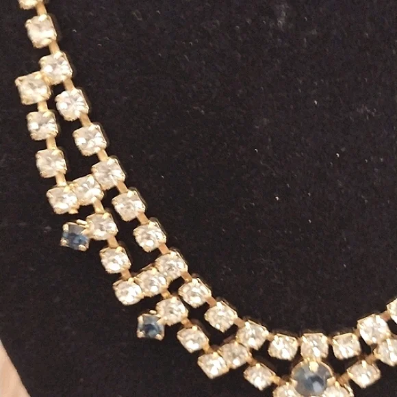 VINTAGE DARK BLUE CLEAR RHINESTONE CHOKER COLLAR BIB 15-18" NECKLACE - Picture 4 of 11